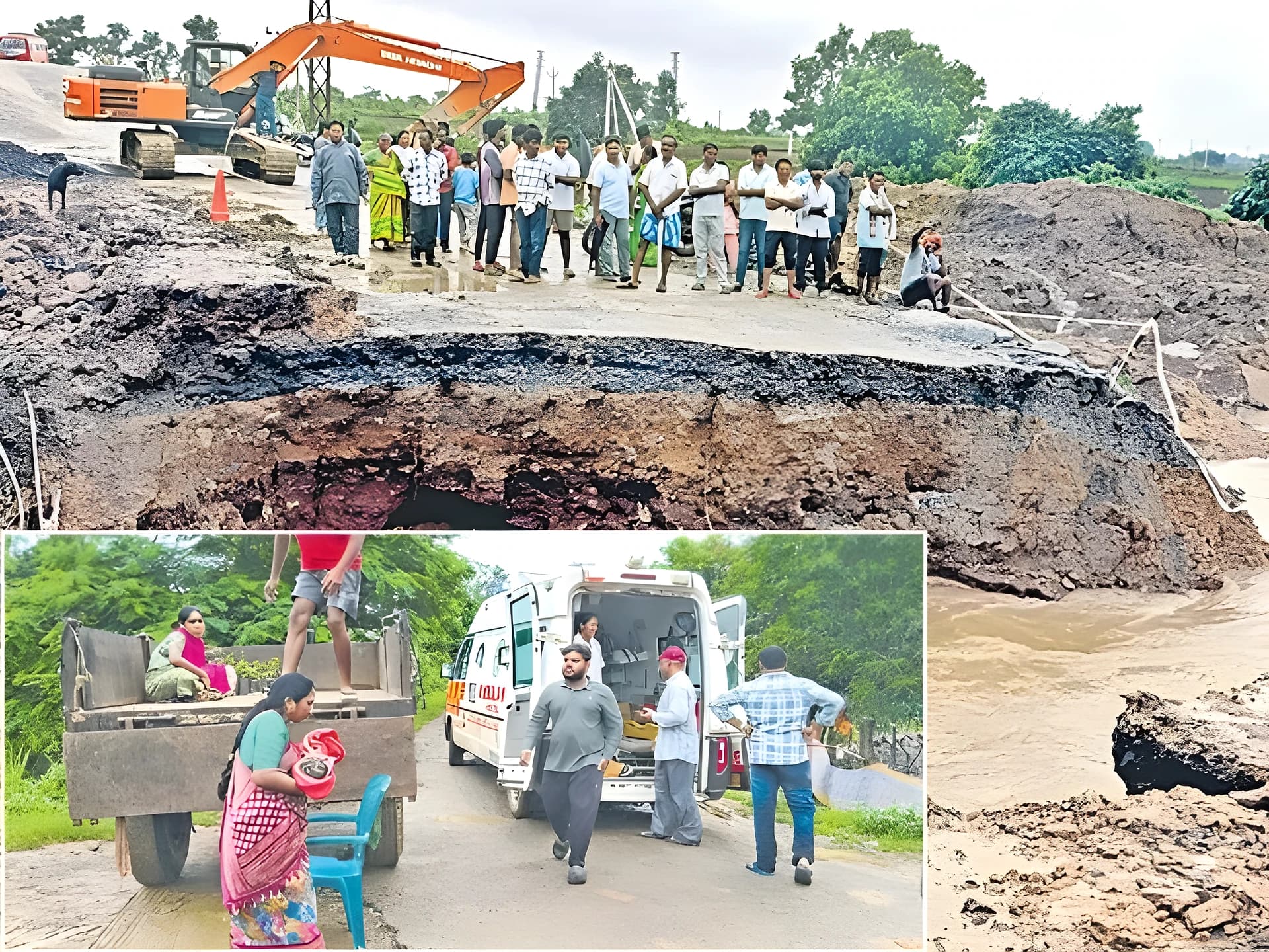 కొట్టుకుపోయిన రోడ్డు.. ట్రాక్టర్లో గర్భిణి తరలింపు