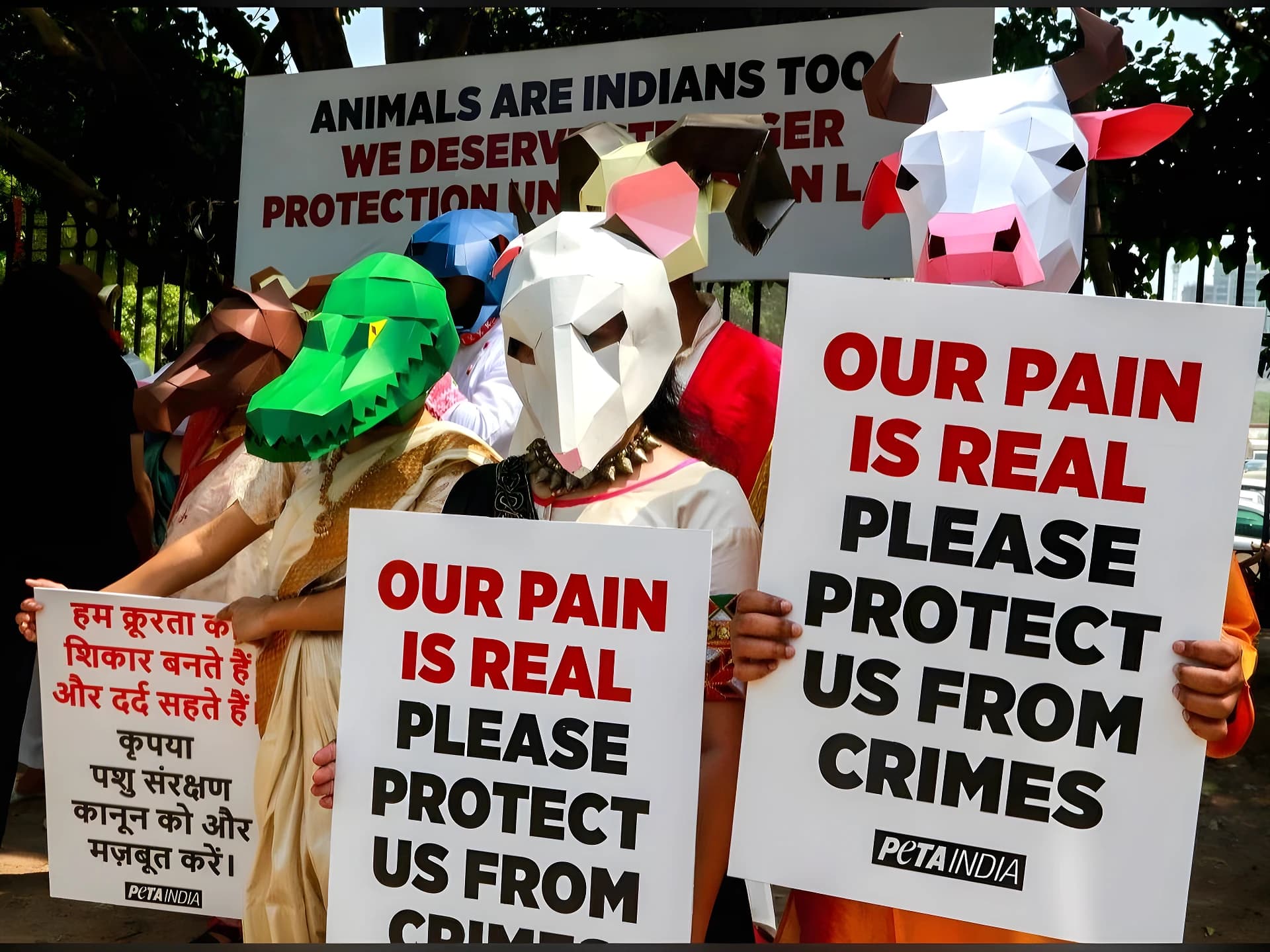జంతువుల మాస్క్లతో PETA కార్యకర్తల నిరసన
