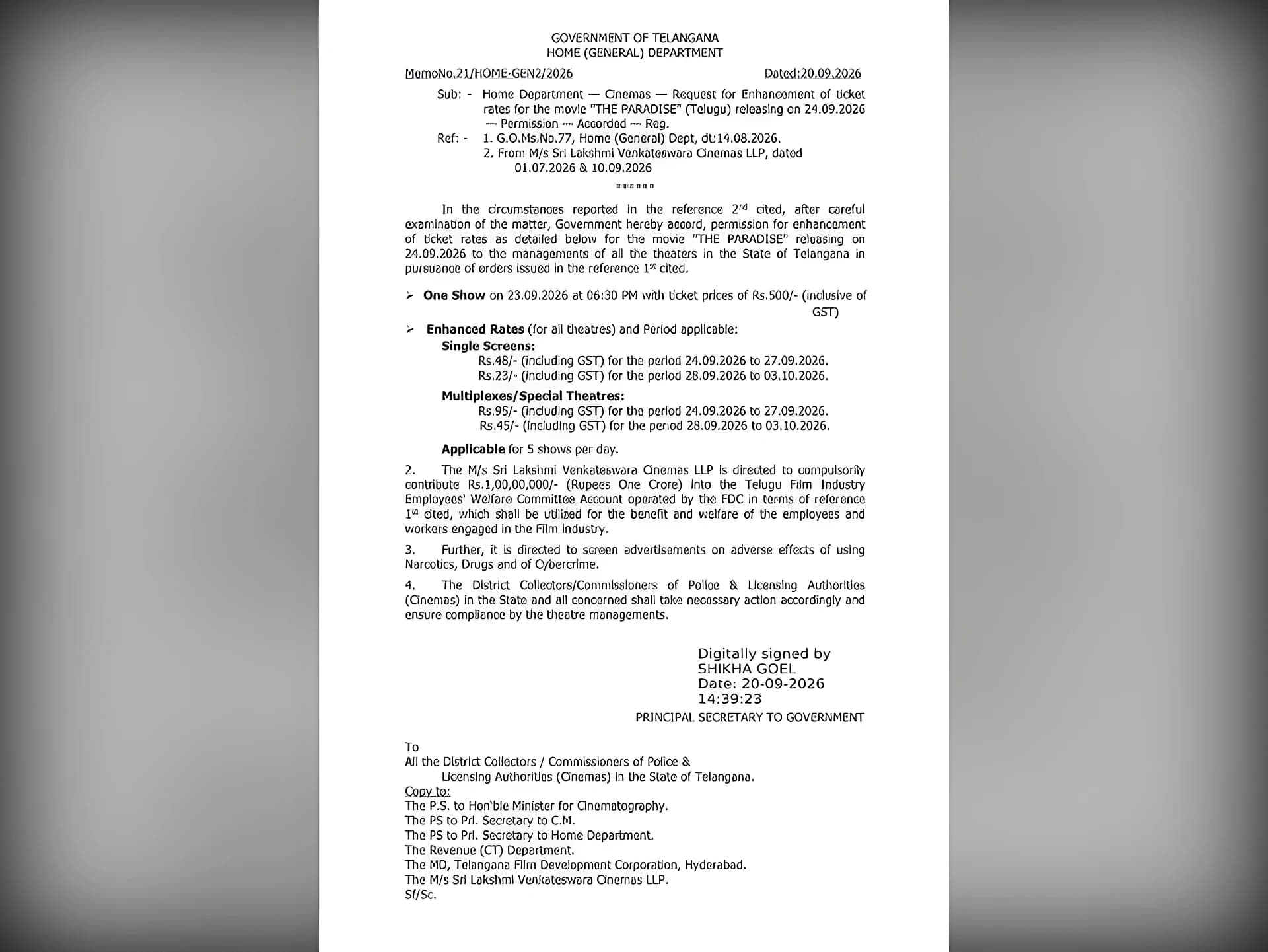 ‘ది ప్యారడైజ్’ టికెట్ రేట్లు పెంపుకు సర్కార్ గ్రీన్ సిగ్నల్!