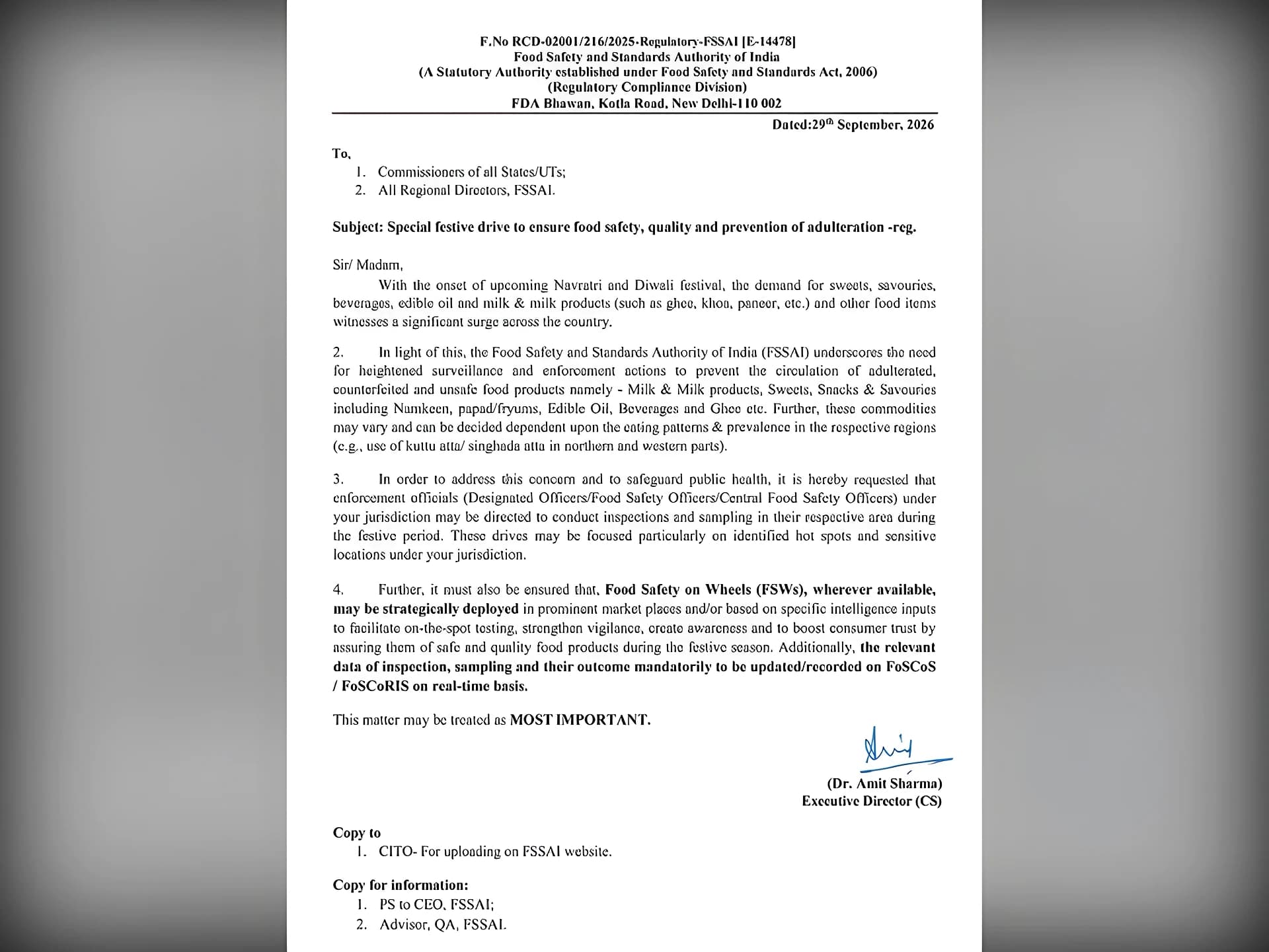 పండుగల వేళ ఫుడ్పై FSSAI ఫోకస్