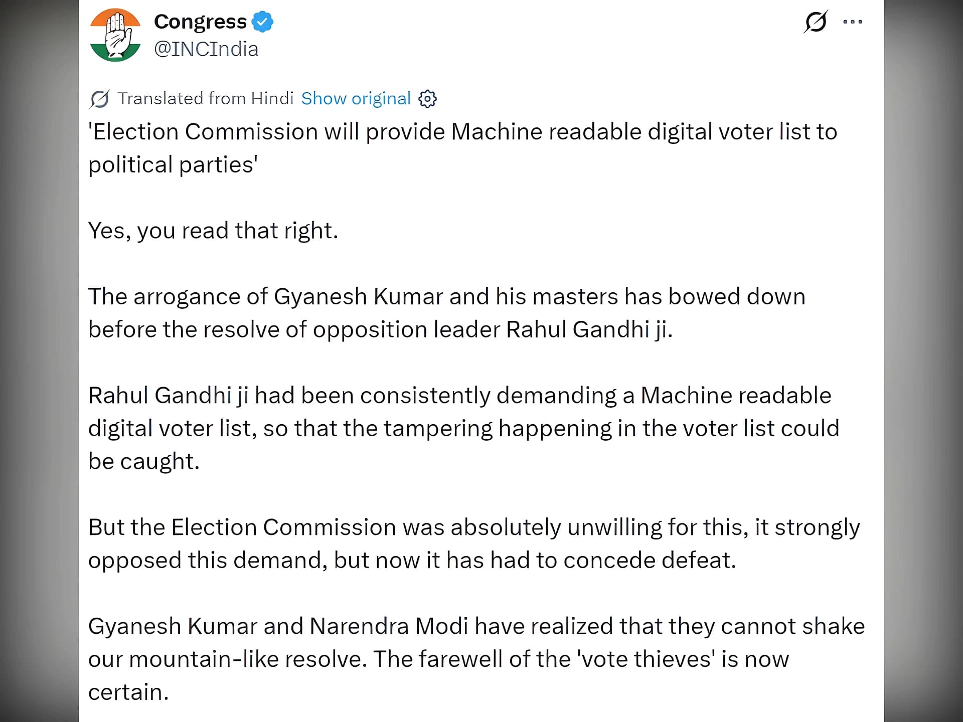 CEC జ్ఞానేష్ కుమార్కు ఇది పెద్ద ఎదురుదెబ్బ: కాంగ్రెస్