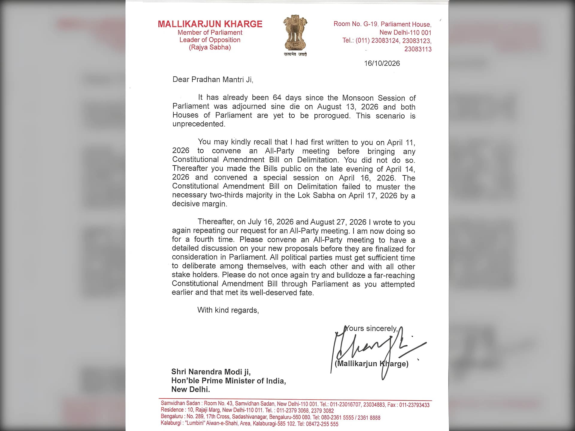 డీలిమిటేషన్ బిల్లుపై ప్రధానికి మల్లికార్జున ఖర్గే లేఖ