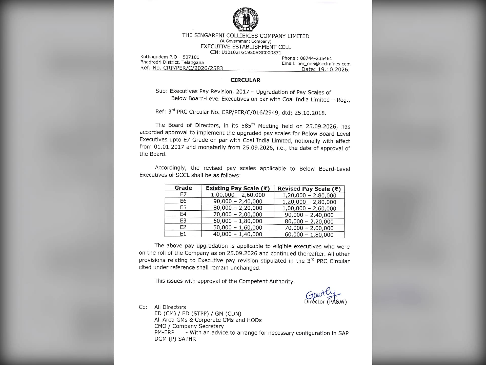 సింగరేణి అధికారులకు దసరా కానుక